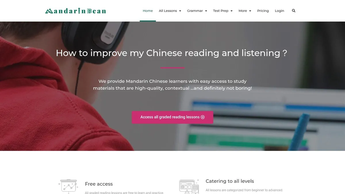 Mandarin Bean homepage offering graded Chinese reading and listening lessons