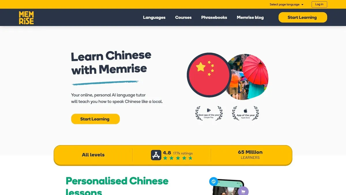 Memrise's Learn Chinese page, describing its personal AI language tutor
