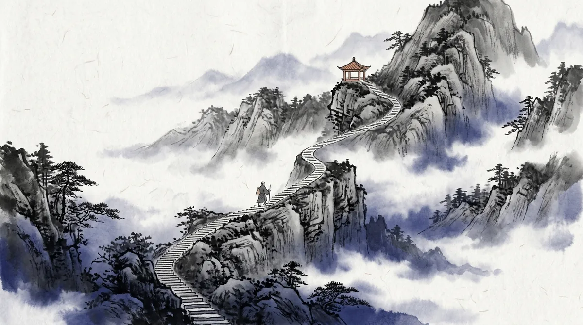 Ink-wash painting of a long stone stairway winding up a misty mountain to a pavilion, with a lone traveller part-way up