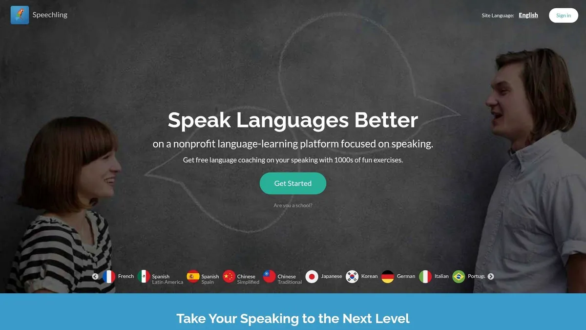 Speechling homepage: speak languages better on a nonprofit platform focused on speaking