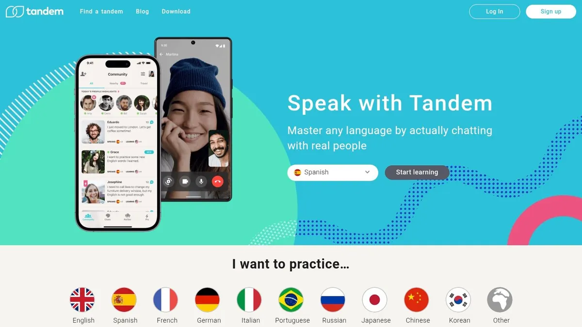 Tandem homepage: speak with real people through language exchange chat