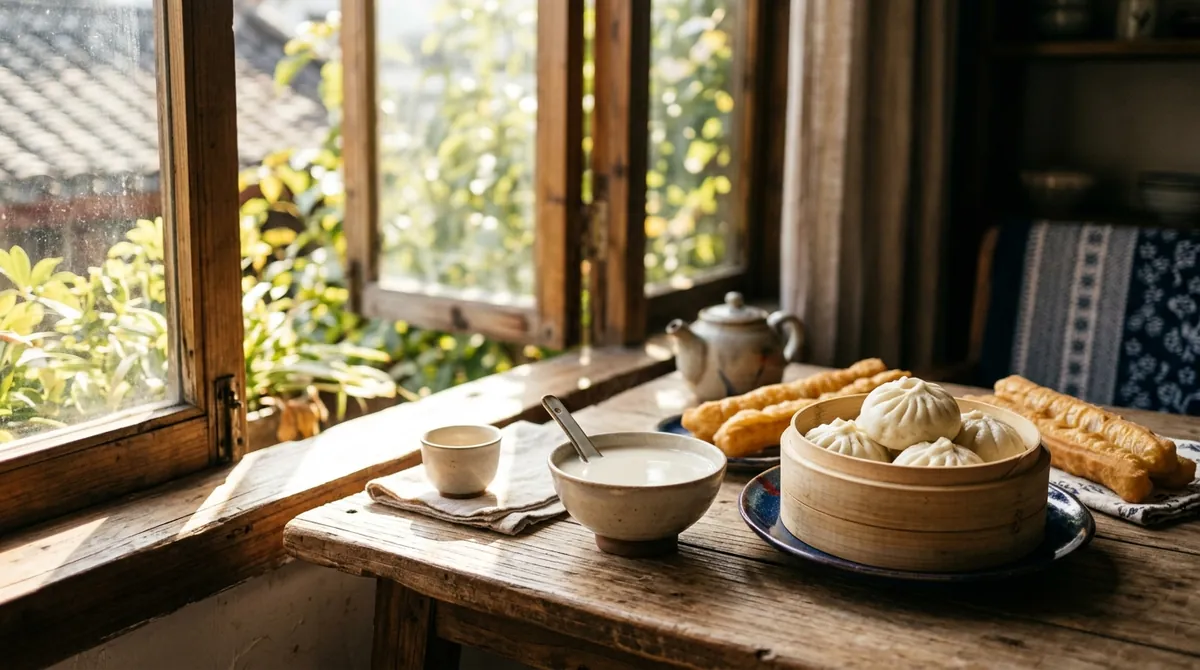 A Chinese breakfast of soy milk, fried dough sticks and steamed buns on a table by a sunny window