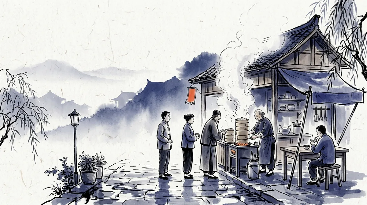 Ink-wash painting of a street breakfast stall with steam rising from bamboo steamers