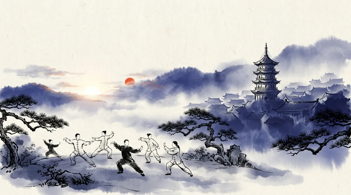 Ink-wash painting of people practising tai chi at sunrise with a pagoda behind them