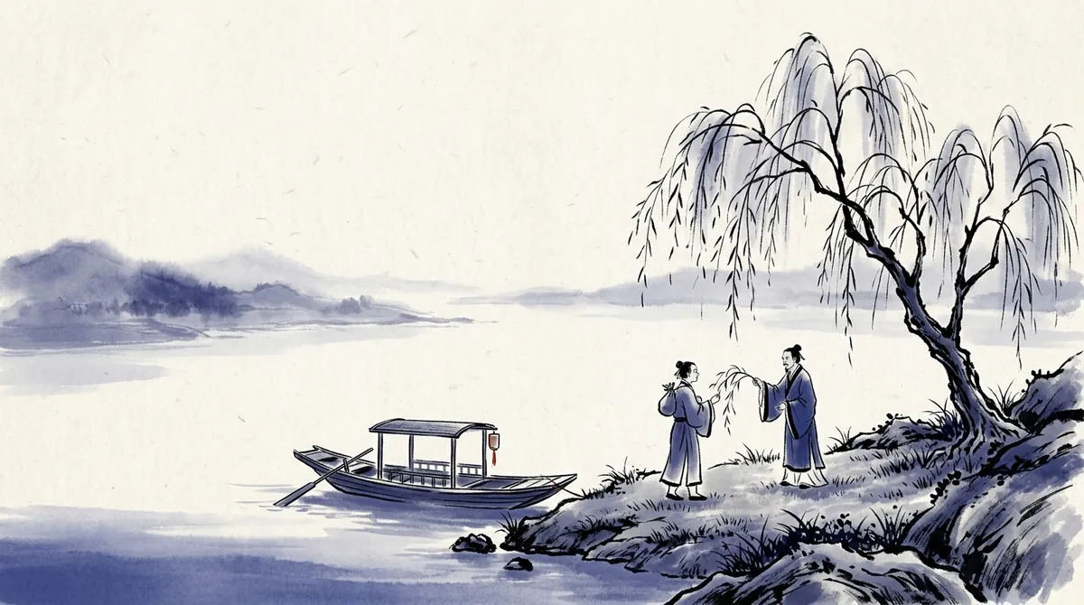 Ink-wash painting of two friends parting beside a willow on a riverbank, a boat waiting