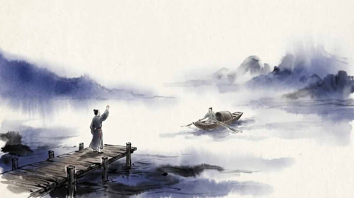 Ink-wash painting of a figure on a pier waving farewell to a boat on a misty river