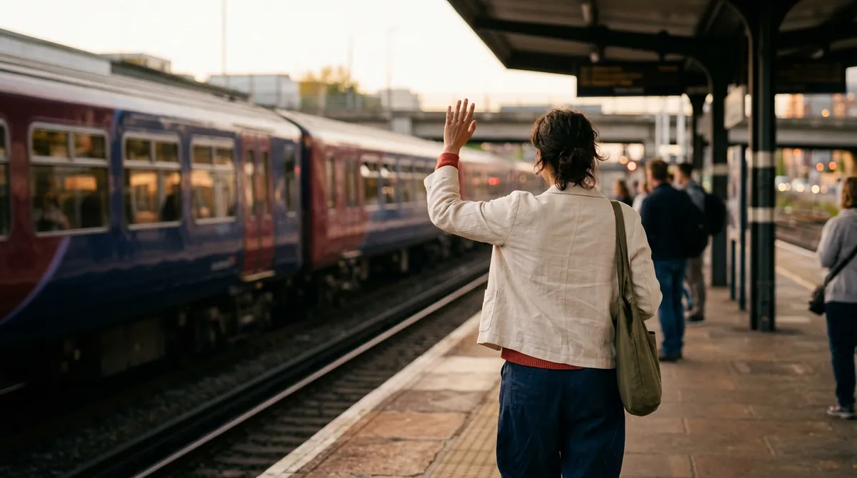 A person on a railway platform raising a hand to wave goodbye to a departing train