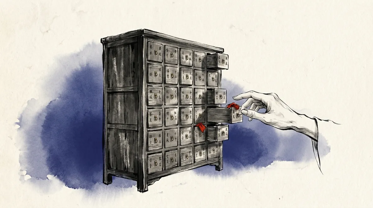Ink-wash painting of an old apothecary cabinet with rows of small drawers, a hand opening one of them