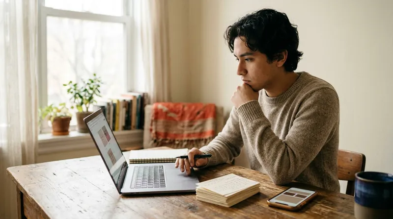 A learner at a wooden desk reviewing flashcards on a laptop, chin on hand, with a stack of paper flashcards and a phone beside him
