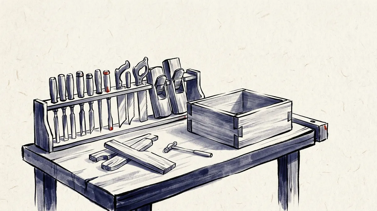 Ink-wash painting of a workbench with a rack of chisels, saws and planes beside an unfinished wooden box