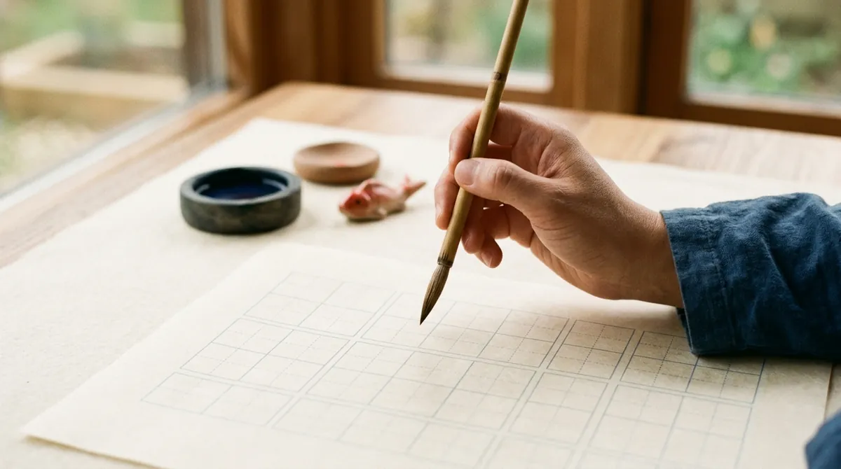 A hand holding a calligraphy brush over blank square-grid practice paper, with an ink stone nearby