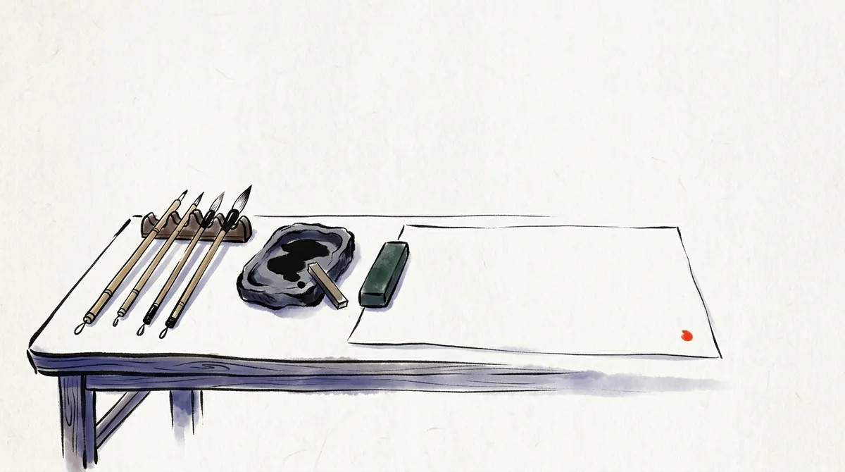 Ink-wash illustration of a writing desk with brushes, an ink stone and blank paper