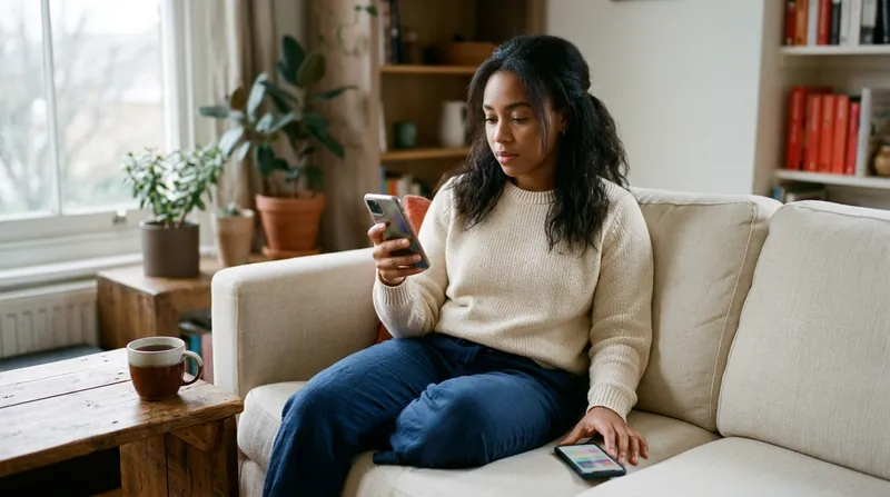 A learner on a sofa by a window looking at one smartphone while a second phone with a colourful screen lies on the cushion beside them, with a cup of tea on a side table