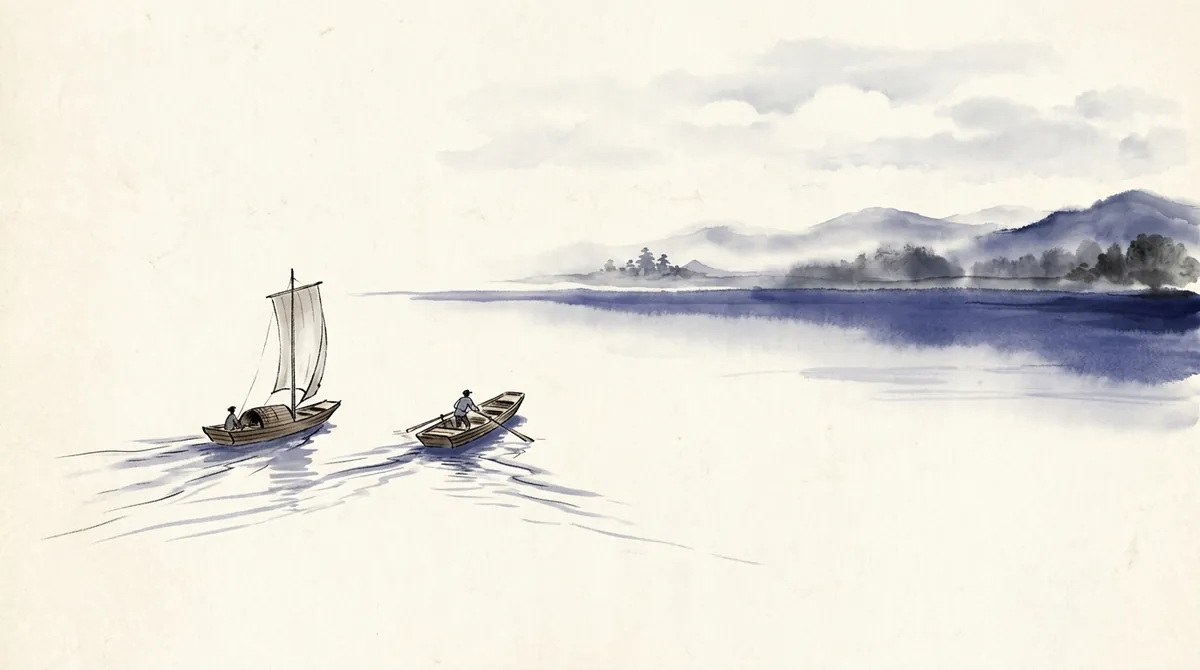 Ink-wash painting of a small sailing boat and a rowing boat setting out together across a calm lake towards misty hills