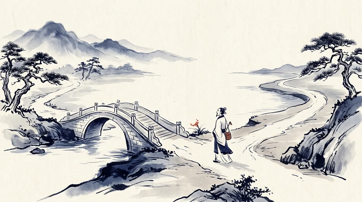 Ink-wash painting of a traveller standing where a path divides, one way crossing an arched stone bridge and the other following the riverbank towards the hills