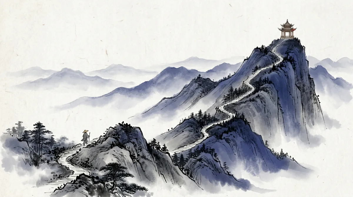 Ink-wash painting of a mountain path climbing over successive ridges to a pavilion on the highest peak