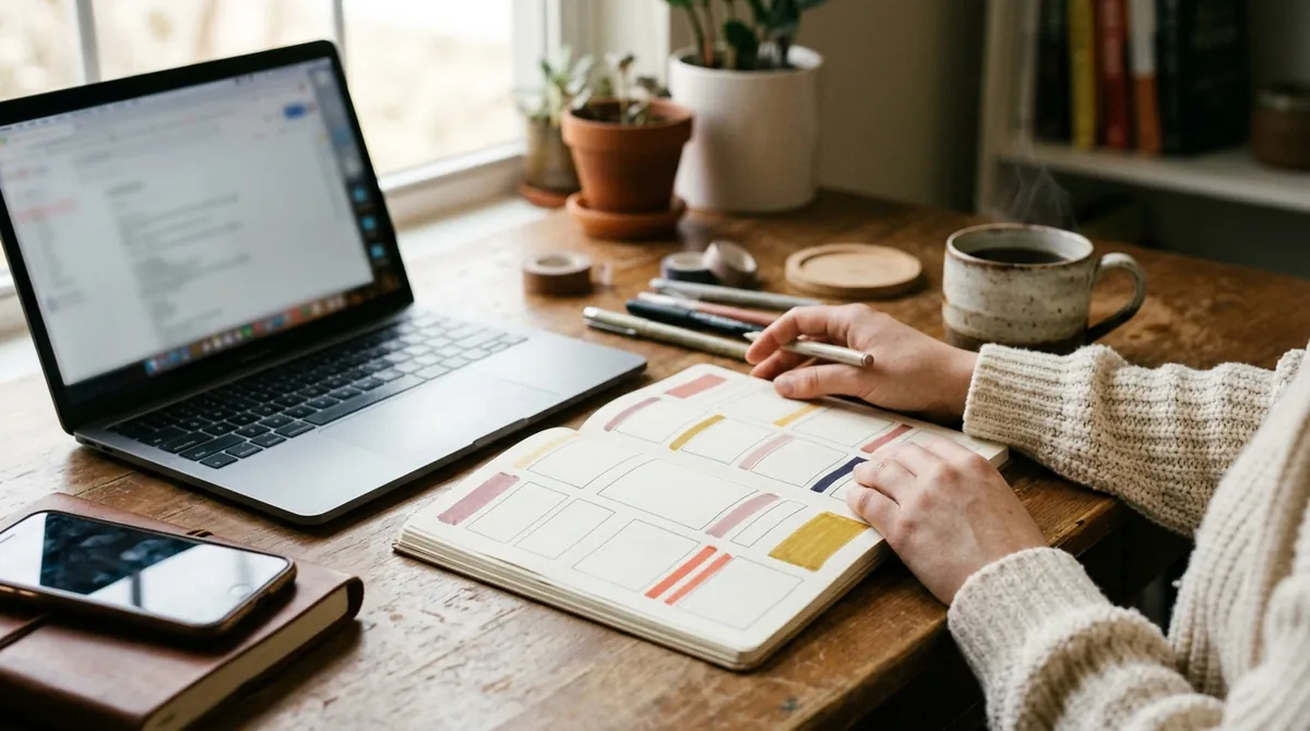 A learner planning a Mandarin study schedule in a paper planner beside a laptop and coffee