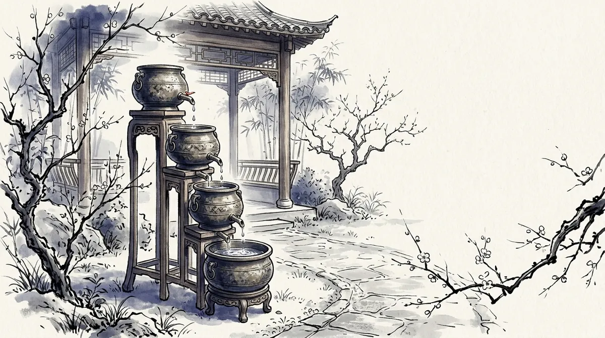Ink-wash illustration of a traditional Chinese water clock of stacked bronze vessels in a courtyard
