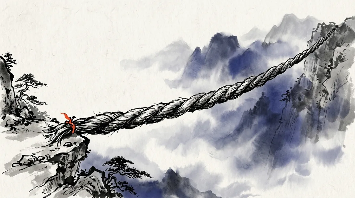 Ink-wash illustration of a thick twisted rope stretched across a misty gorge