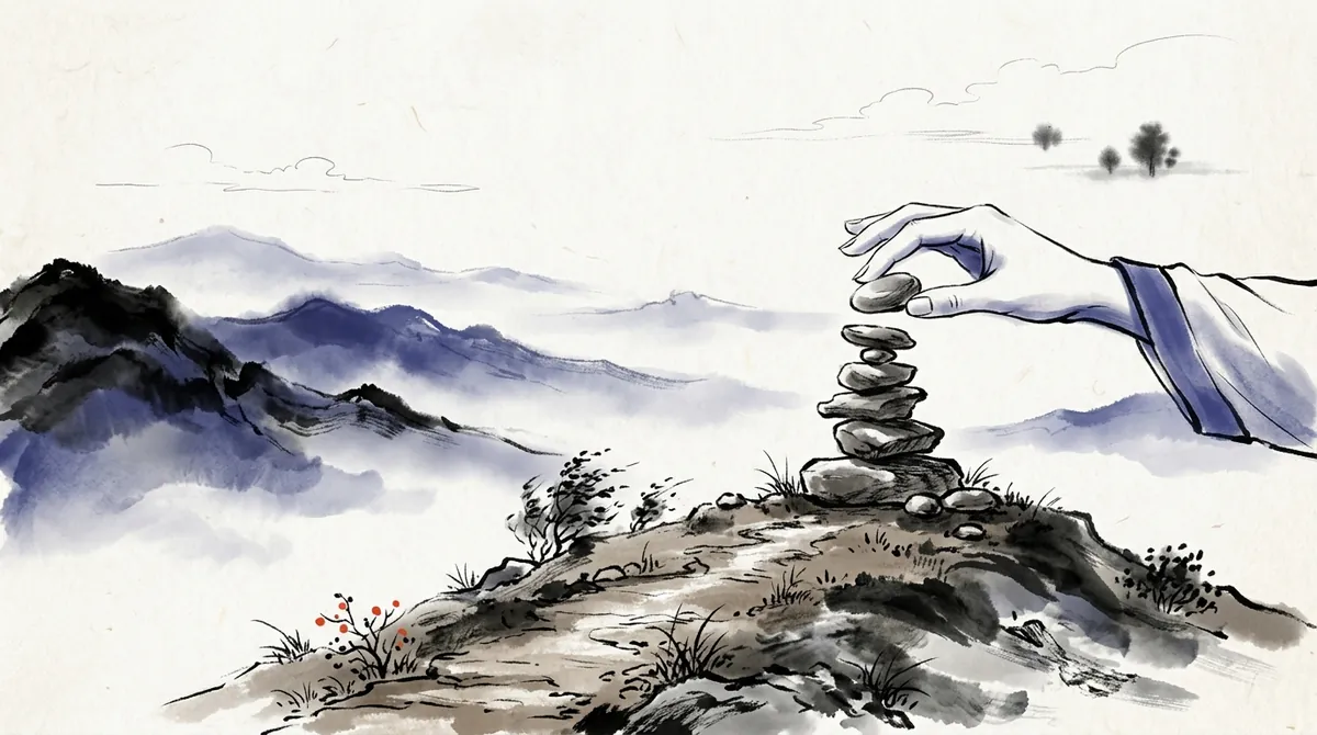 Ink-wash painting of a hand placing one more stone on a small cairn on a hilltop