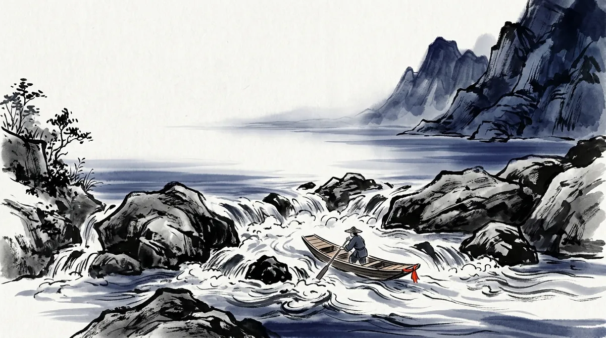 Ink-wash painting of a rower steering a small boat through river rapids