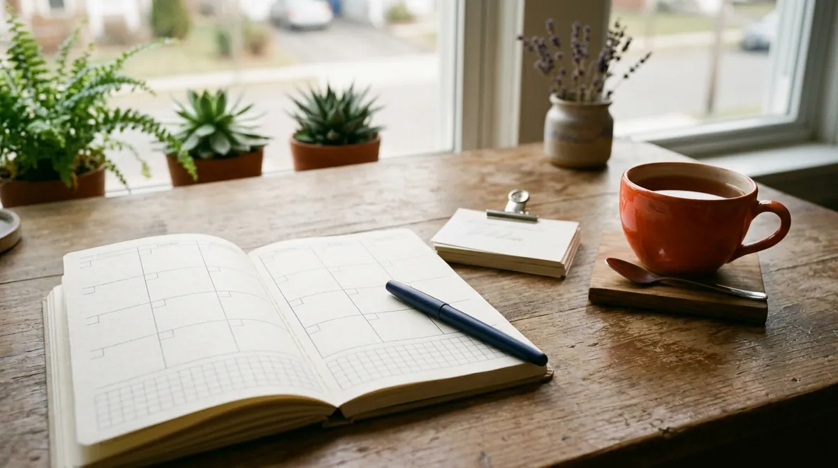 An open planner, a clipped stack of flashcards, a pen and a cup of tea on a sunny desk