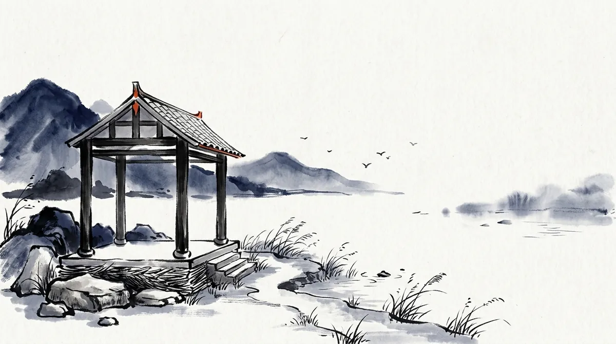 Ink-wash painting of a pavilion on four pillars beside a lake