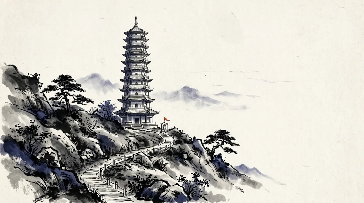 Ink-wash painting of a many-tiered pagoda on a hillside with a path leading up to it