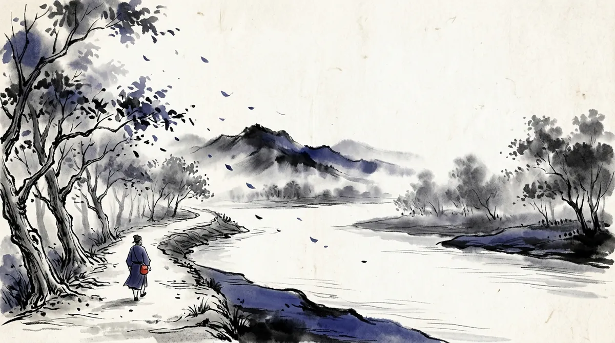 Ink-wash painting of a figure walking along a tree-lined riverside path