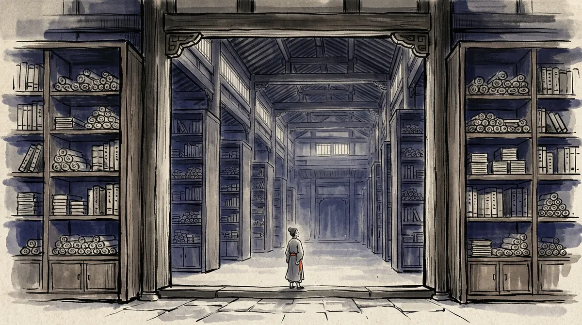 Ink-wash illustration of a vast traditional library with a lone figure at the entrance