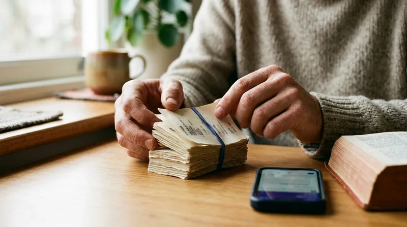 A learner's hands sorting a thick stack of vocabulary flashcards, with a dictionary and phone on the desk