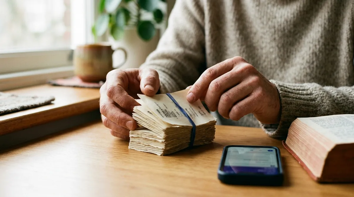 A learner's hands sorting a thick stack of vocabulary flashcards, with a dictionary and phone on the desk