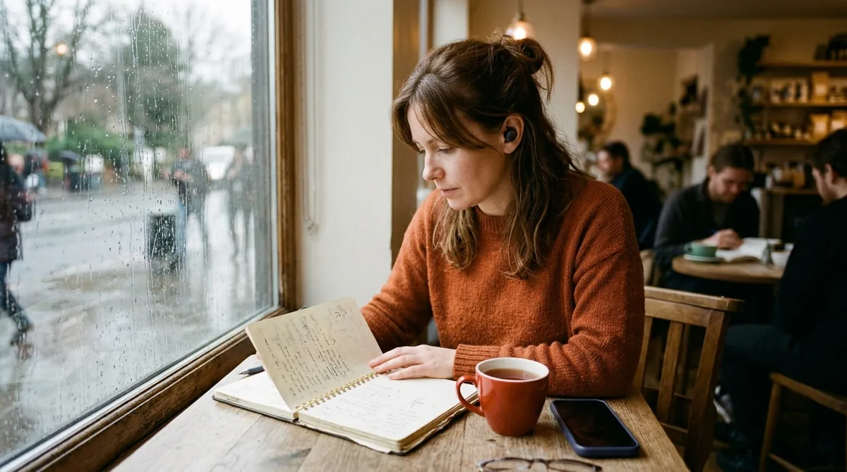 A learner wearing earbuds sits by a rainy café window with an open notebook, a phone and a cup of tea, concentrating on what she hears