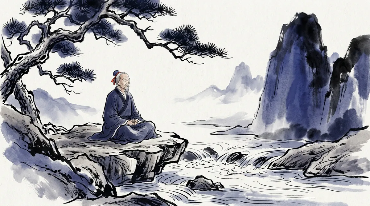 Ink-wash painting of a scholar sitting on a rock with his eyes closed, listening to a mountain stream under a pine