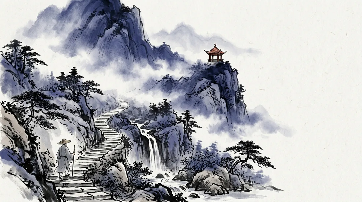 Ink-wash painting of a traveller at the foot of stone steps that climb a misty mountain past a waterfall to a pavilion