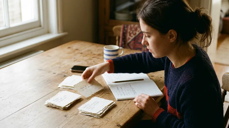 A learner at a wooden kitchen table sorting handmade paper flashcards into piles beside an open squared notebook, a pencil, a phone and a mug