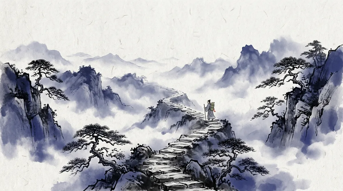 Ink-wash painting of a traveller climbing a stone stairway that winds through misty mountains and pines
