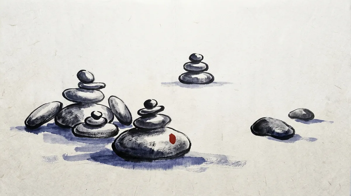 Ink-wash painting of smooth river stones stacked into small balanced towers, several built from the same kinds of stone