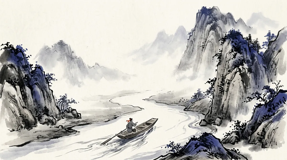 Ink-wash painting of a small boat moving swiftly downstream between mountains