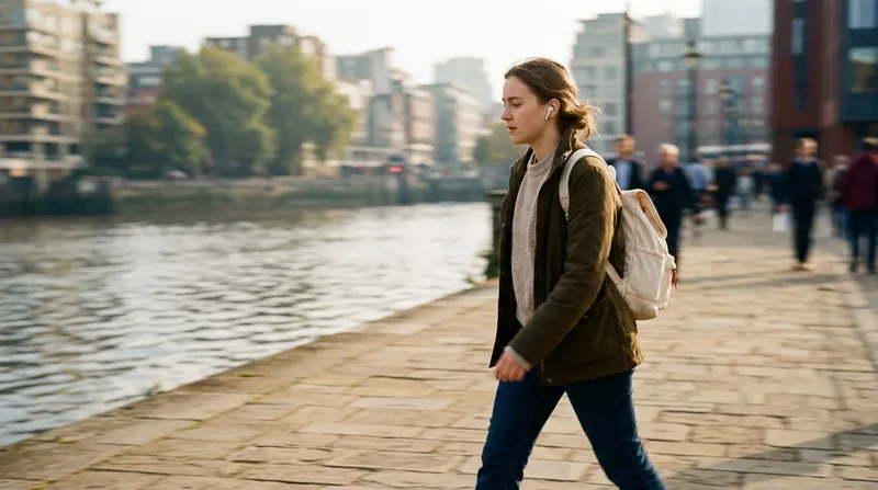 A learner walking along a riverside path with earbuds in, listening to a lesson