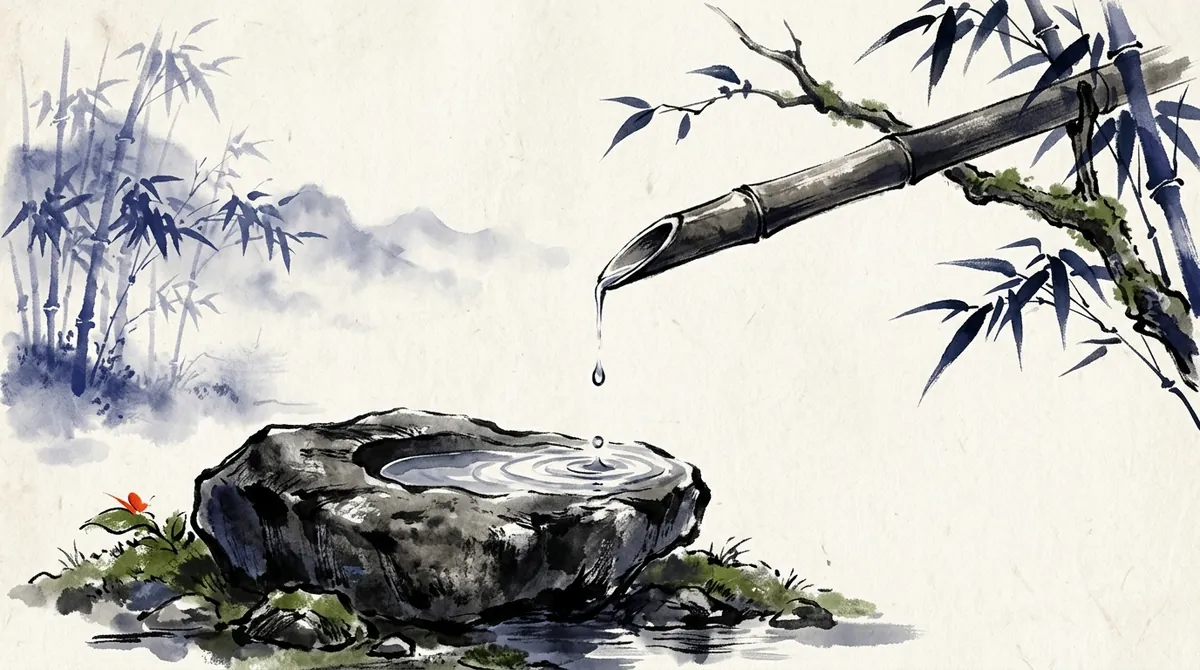 Ink-wash illustration of water dripping from a bamboo spout onto a hollowed stone