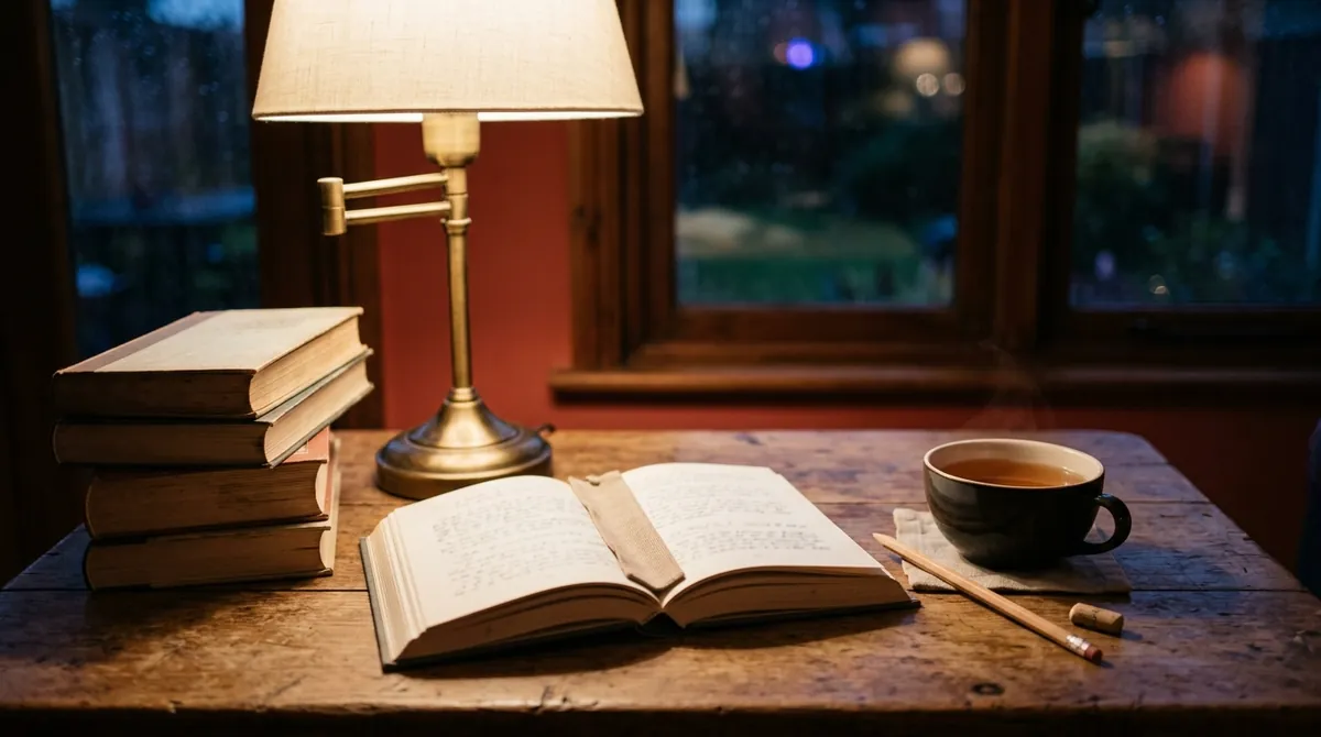 A stack of books and an open book under a warm reading lamp, with a cup of tea