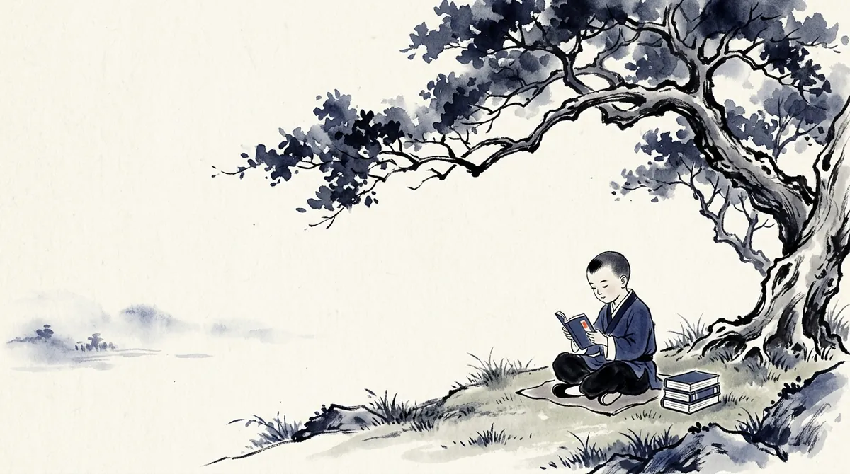 Ink-wash painting of a child reading under a large tree with a small stack of books