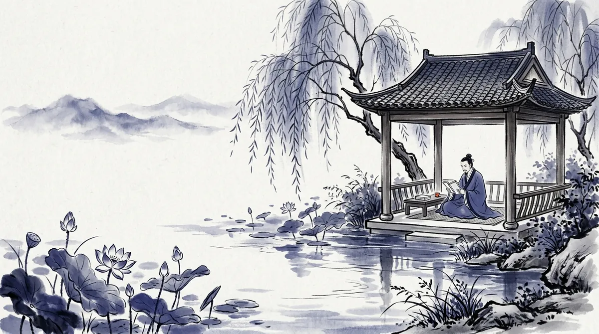 Ink-wash painting of a scholar reading in a pavilion by a lotus pond
