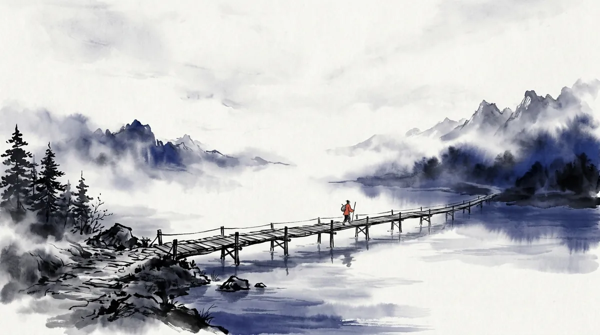 Ink-wash painting of a traveller crossing a long wooden footbridge over misty water