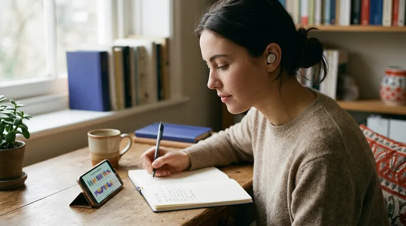 A learner with earbuds taking notes while looking at a syllable chart on a phone