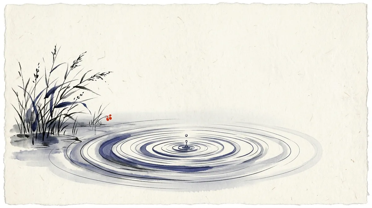 Ink-wash illustration of ripples spreading across a still pond
