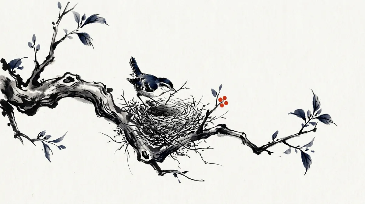 Ink-wash painting of a small bird building a nest in the fork of a branch
