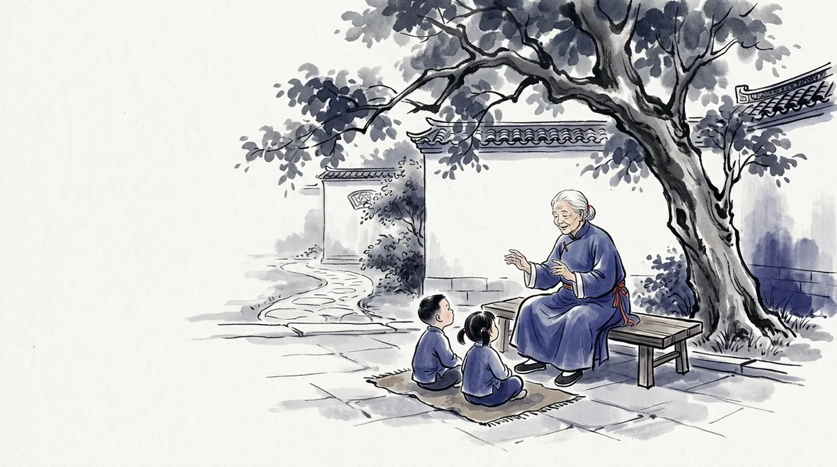 Ink-wash painting of a grandmother telling a story to two small children in a courtyard