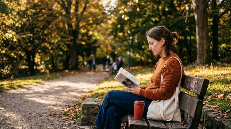A learner reading a small paperback on a park bench in autumn light